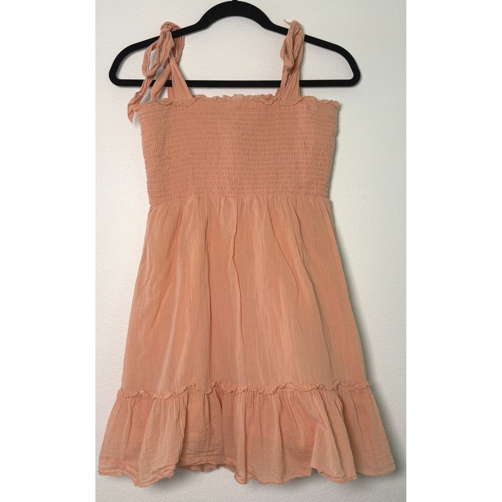 Aerie Smocked Mini Dress Peach Apricot Tie Shoulder Ruffle Hem Womens Medium - Picture 3 of 9